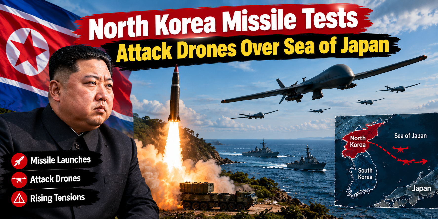 North Korea Missile Tests – Attack Drones Over Sea of Japan